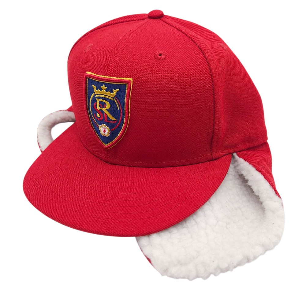 Real Salt Lake New Era 59FIFTY MLS Hat Red‎ Sherpa Ear Flaps Cap Mens 7 3/4